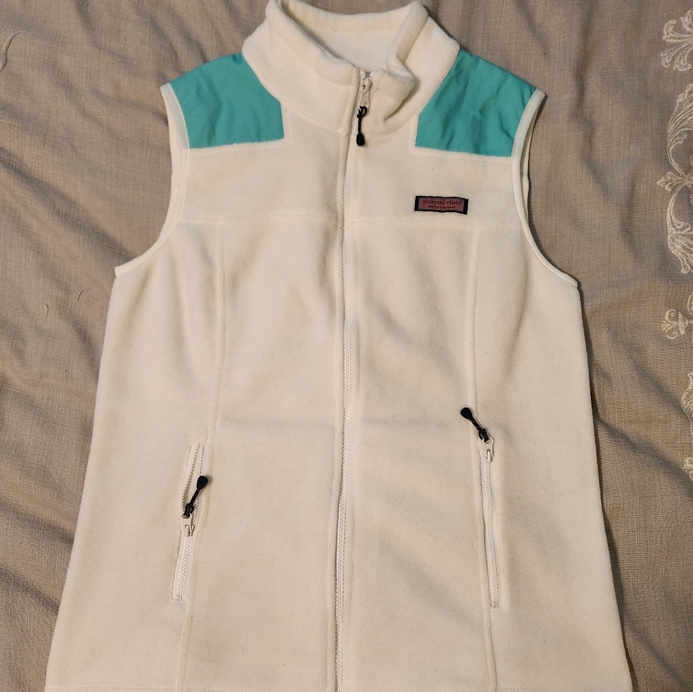 Vineyard Vines Women’s Zip Up Vest White and Teal Fleece Sleeveless Size M